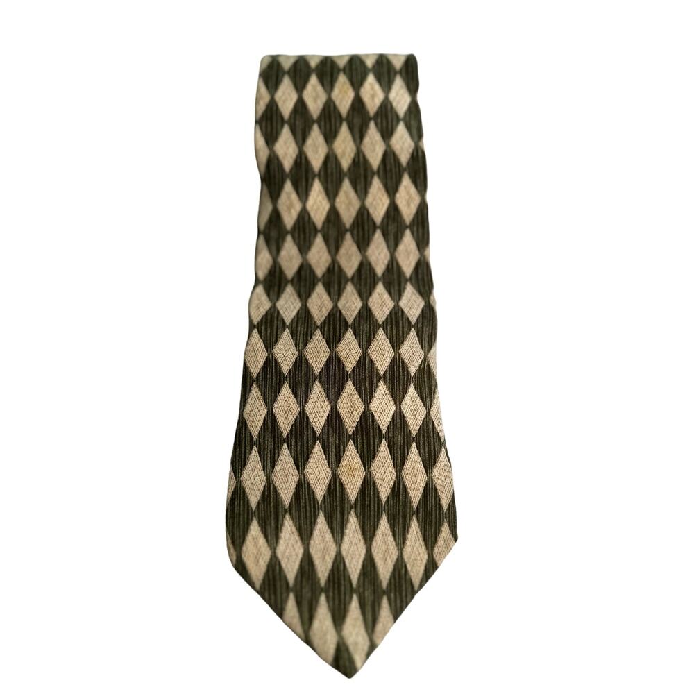 Vintage Executive Collection Army Olive Green Diamond Pattern Silk Made in USA